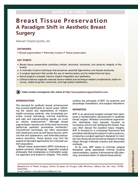 Clinics in Plastic Surgery-д нийтлэгдсэн өгүүллийн нүүр хуудас — Breast Tissue Preservation: A Paradigm Shift in Aesthetic Breast Surgery